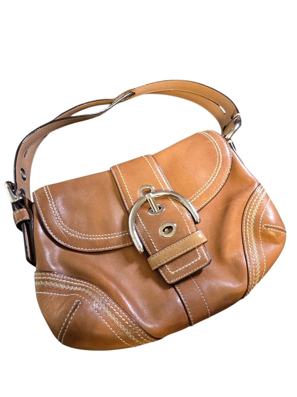 Vintage Coach Soho Camel Leather Flap Shoulder Bag Y2K Buckle Hobo 10577